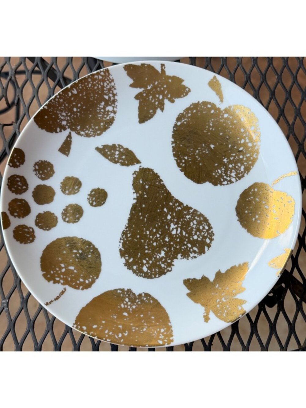 Set of 8 Crate & Barrel Salad/Appetizer Gold Fruit Pattern Ceramic Plates 8.25"